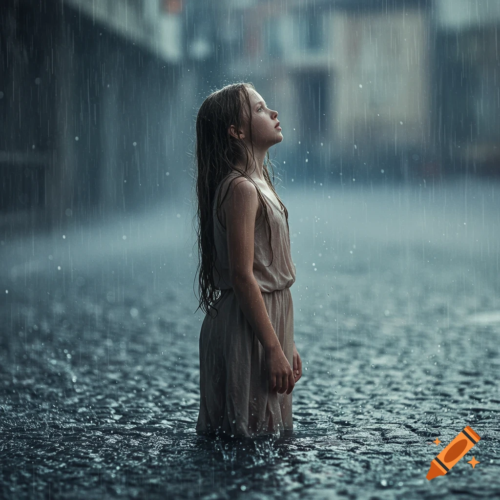 A young girl with long wet hair stands in the pouring rain, looking up.