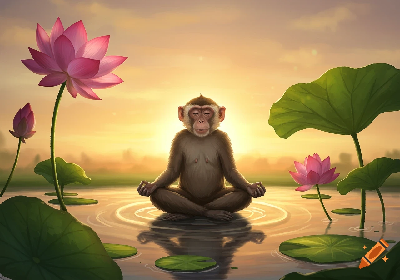 A serene monkey meditates in a lotus pose in a pond with pink lotus flowers and lily pads, against a golden sunset.