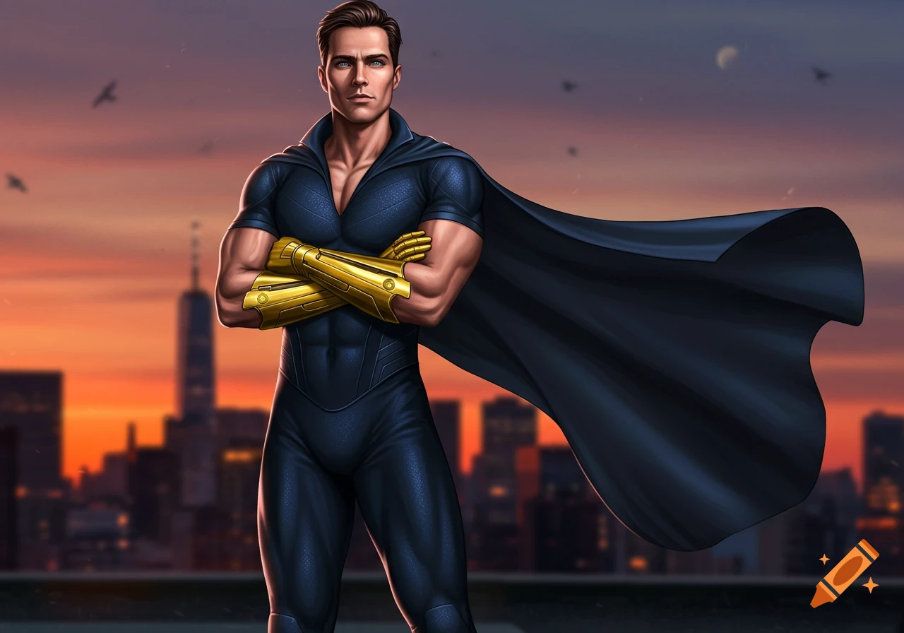 A male superhero in a dark blue suit with gold gauntlets and a flowing cape stands with folded arms against a sunset city skyline. Digital painting.