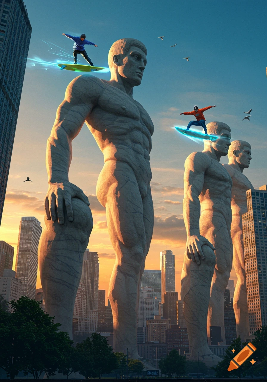 People surf on glowing boards atop massive stone statues overlooking a city skyline at sunset.