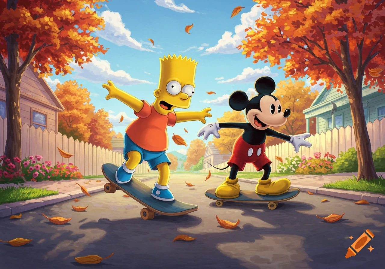 Bart Simpson and Mickey Mouse skateboard down an autumn street with falling leaves, in a vibrant cartoon style.