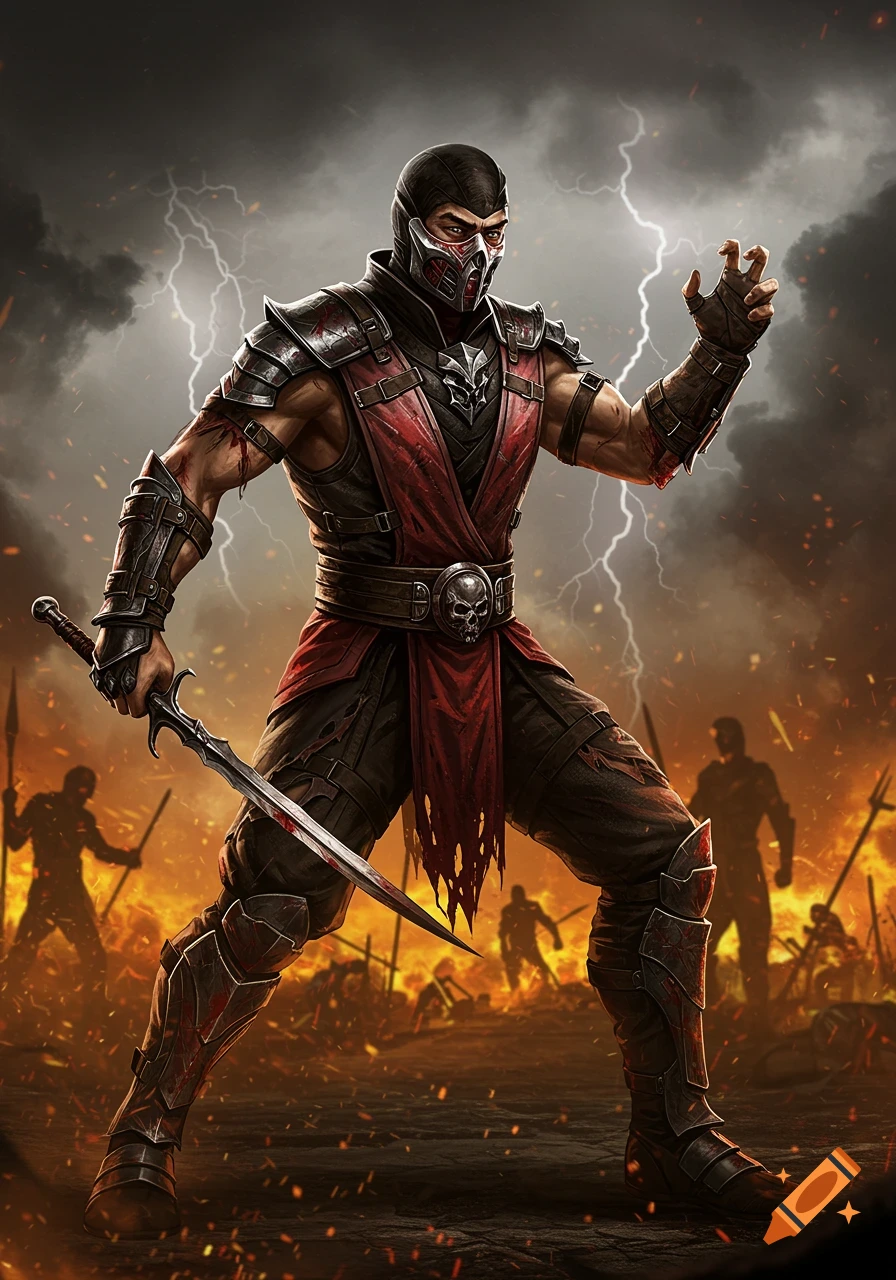 A masked warrior in damaged red and black armor stands on a fiery battlefield under a stormy, lightning-filled sky, holding a bloody sword.