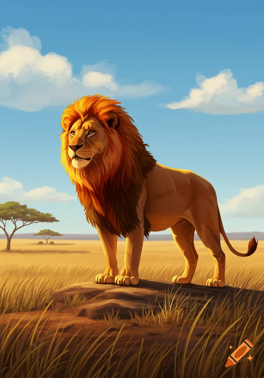 An illustration of a majestic lion standing on a rock in a golden savanna under a bright blue sky.