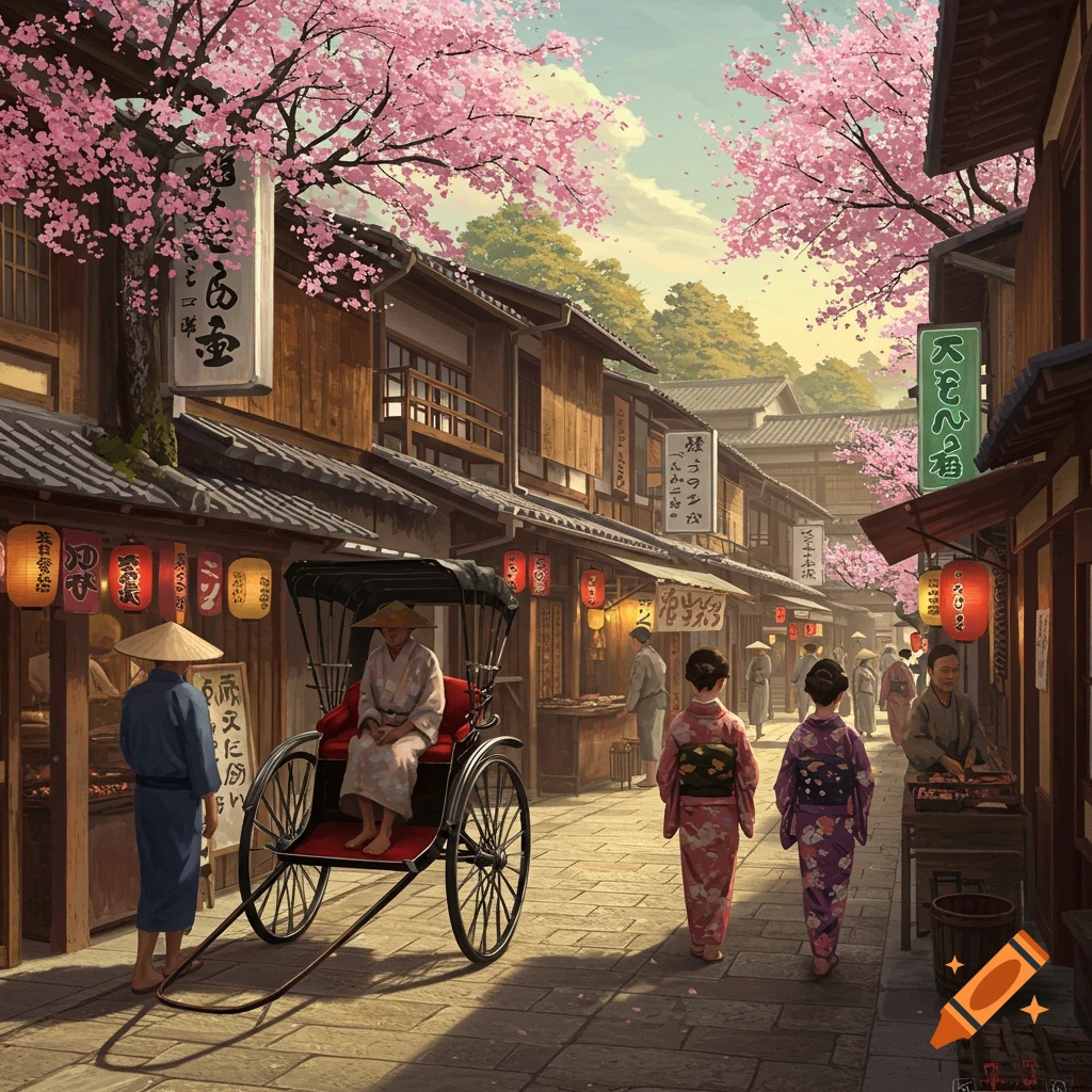 A vibrant Japanese street scene lined with traditional buildings, cherry blossom trees, people in kimonos, and a rickshaw.