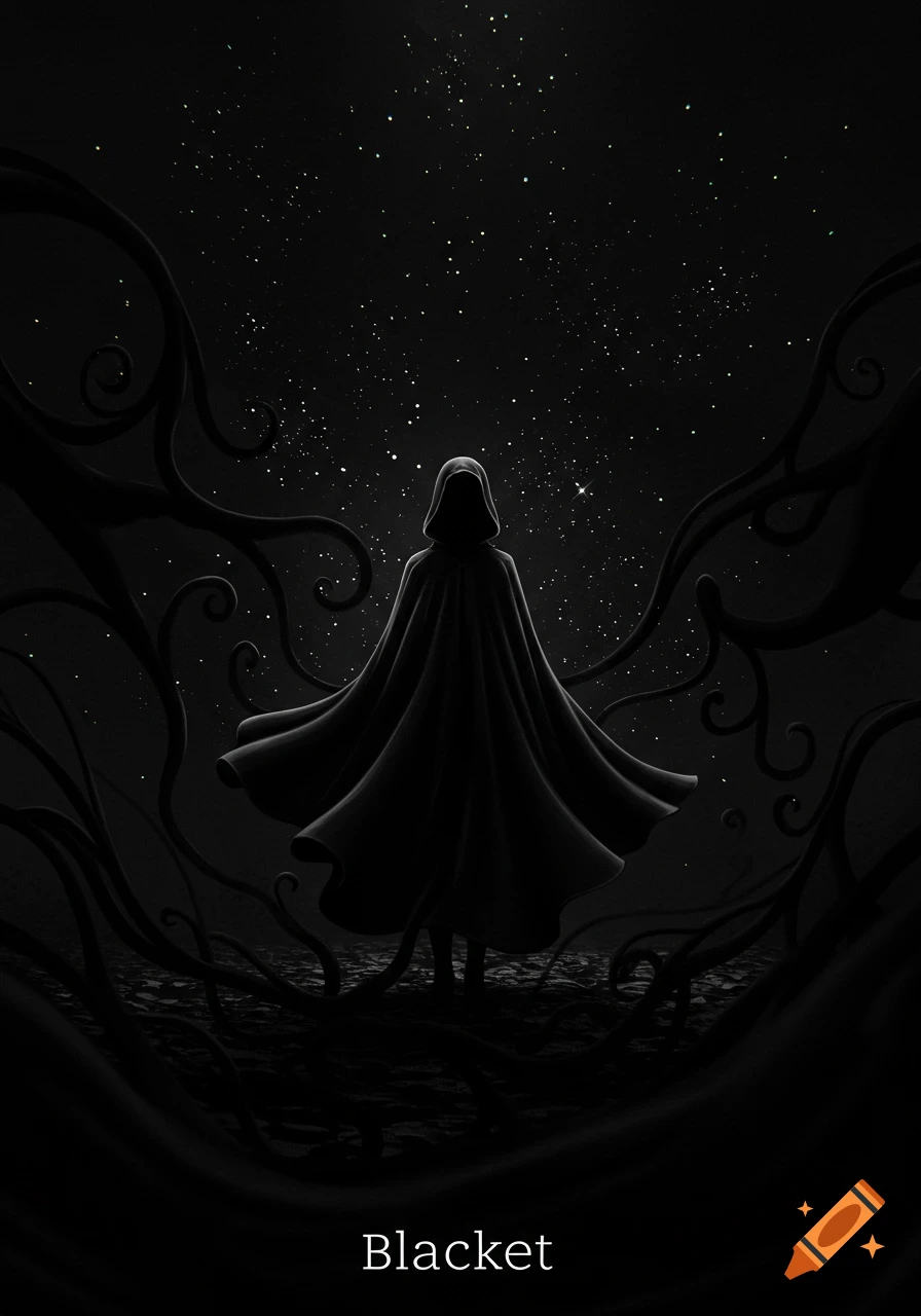 A dark hooded figure stands under a starry night sky, surrounded by swirling black tendrils, with 'Blacket' at the bottom.