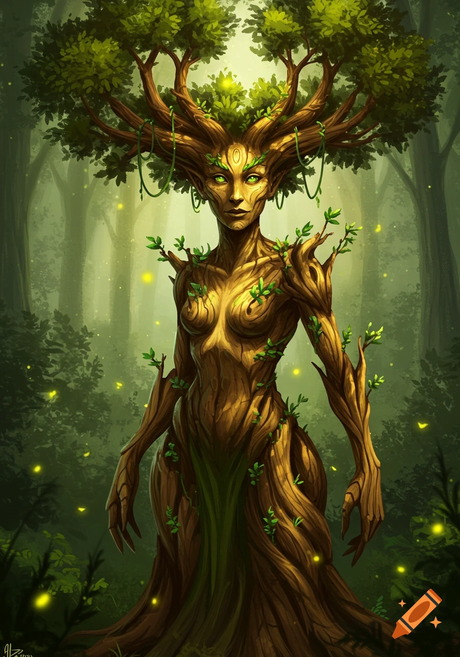 A vibrant fantasy illustration of a tree goddess with a bark-like body and leafy hair, standing in a lush forest.