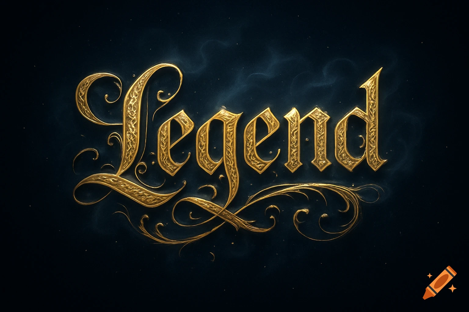 The word 'Legend' rendered in ornate, golden calligraphy against a dark, smoky background.