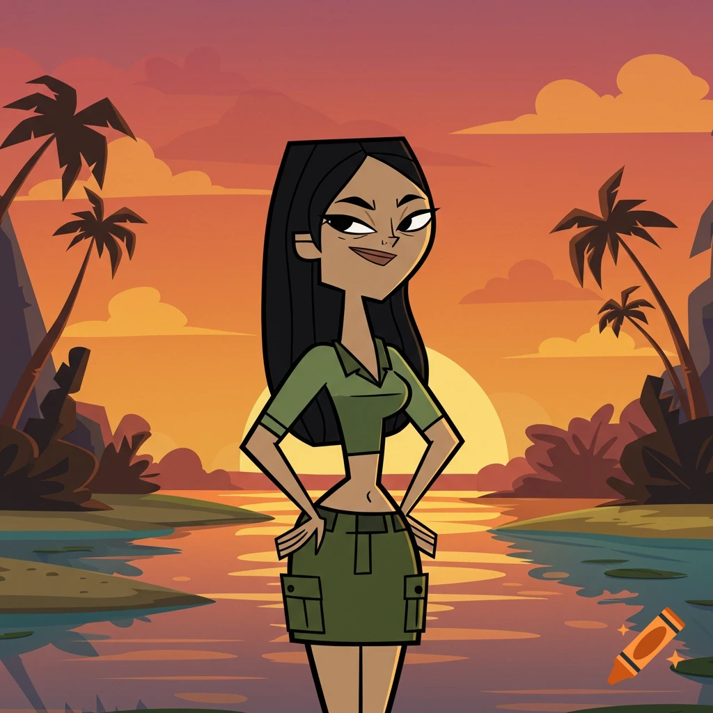 Heather from Total Drama stands in a tropical sunset scene with palm trees and water.