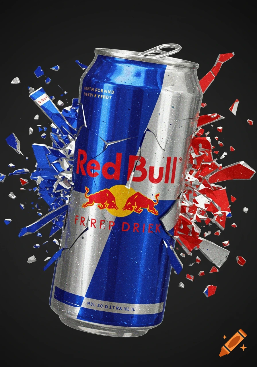 A Red Bull can explodes, fragmenting into geometric blue, silver, and red shards against a dark background in a dynamic Cubist style.