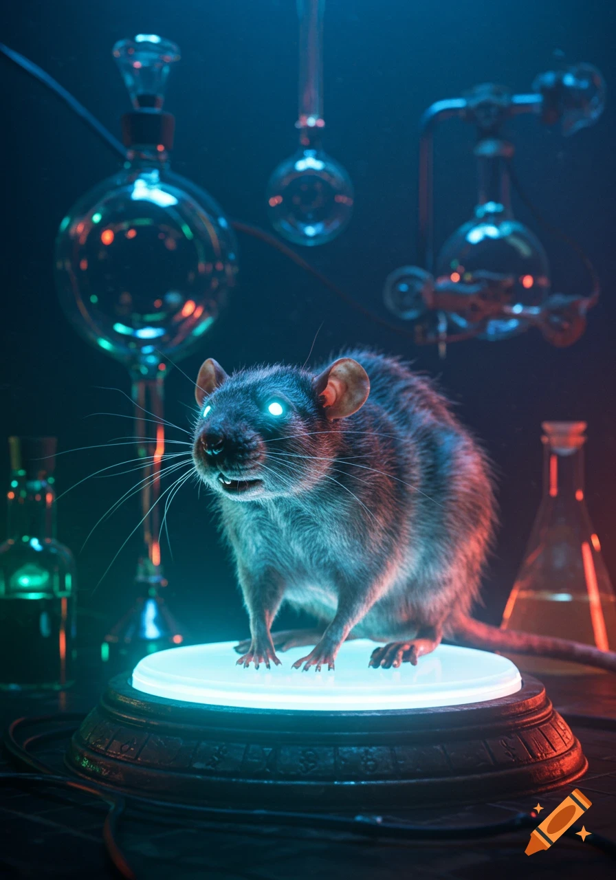 A rat with glowing blue eyes stands on a lighted platform in a futuristic laboratory with glass equipment.