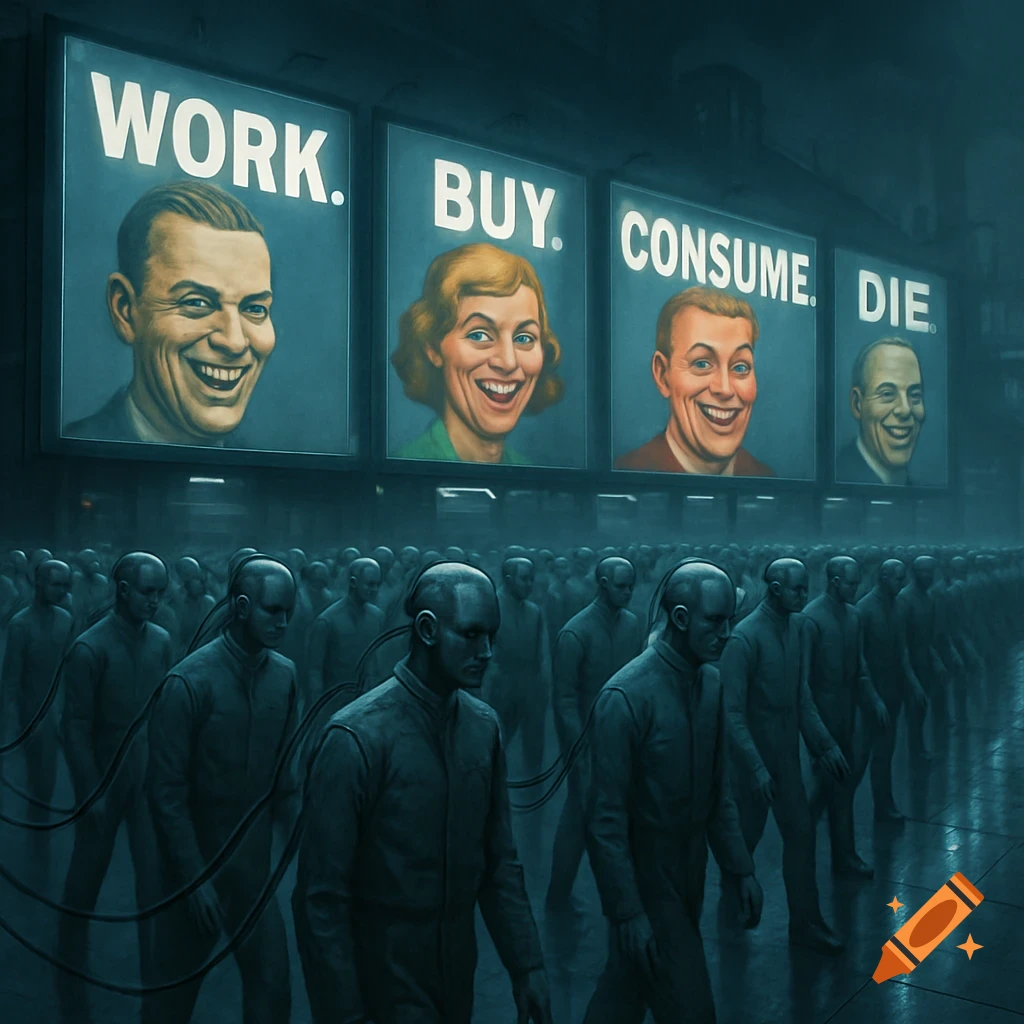 A dystopian scene shows bald, wired people walking under billboards displaying 'WORK. BUY. CONSUME. DIE.' with smiling faces.
