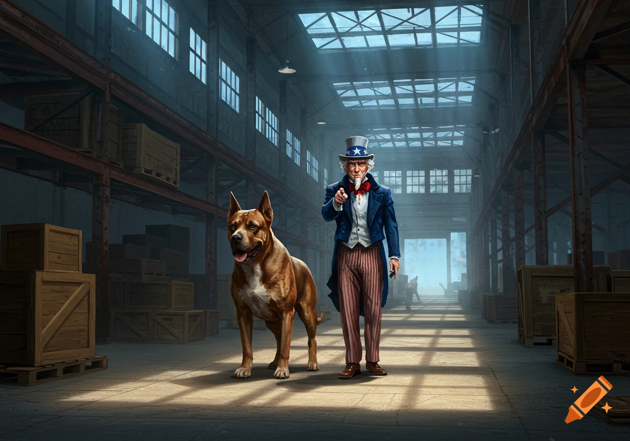 Uncle Sam and a large brown dog stand in a dusty warehouse, illuminated by light from above. Uncle Sam points forward.