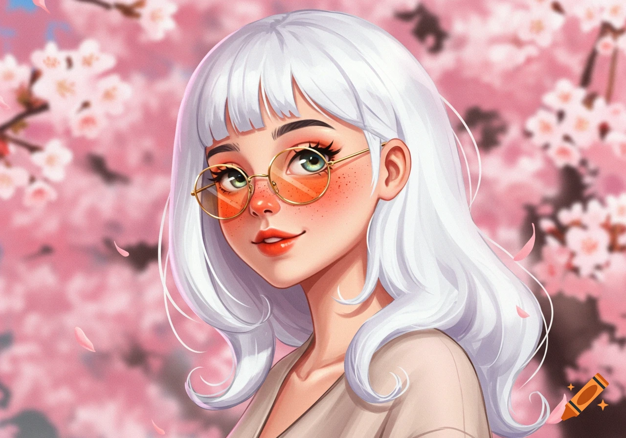 An anime-style portrait of a girl with white hair, bangs, round orange-tinted glasses, and freckles, smiling against a blurry background of pink cherry blossoms.