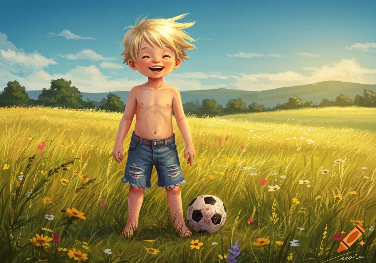 A happy, barefoot blond boy in ripped shorts stands in a sunny, golden field with a soccer ball, under a blue sky, in an illustrative style.