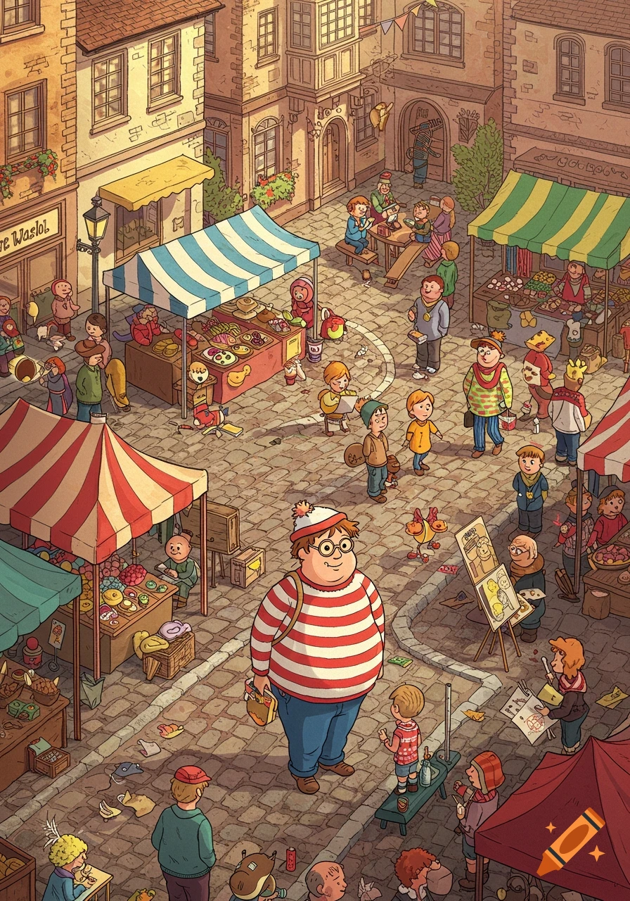 A cartoon illustration of a bustling market square in an old European town, with vendors, shoppers, and a portly man in red and white stripes standing prominently in the foreground.