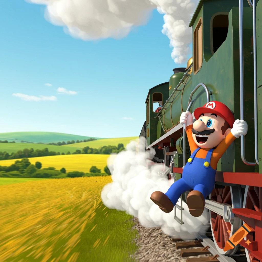 Cartoon Mario hangs from a green train as it speeds through a yellow field under a blue sky.