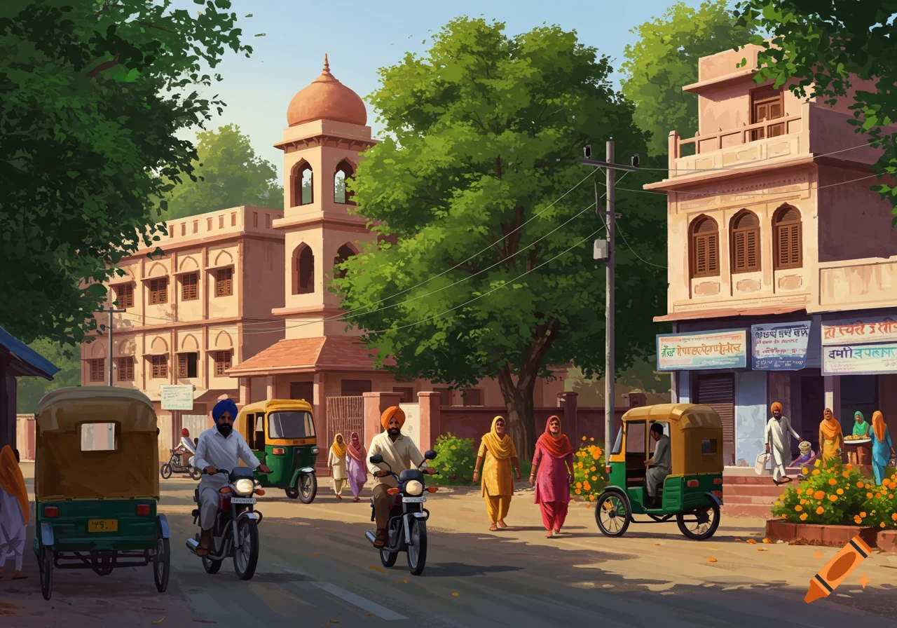 Illustrative street scene in Punjab with people, motorcycles, and auto-rickshaws, traditional buildings, and trees.