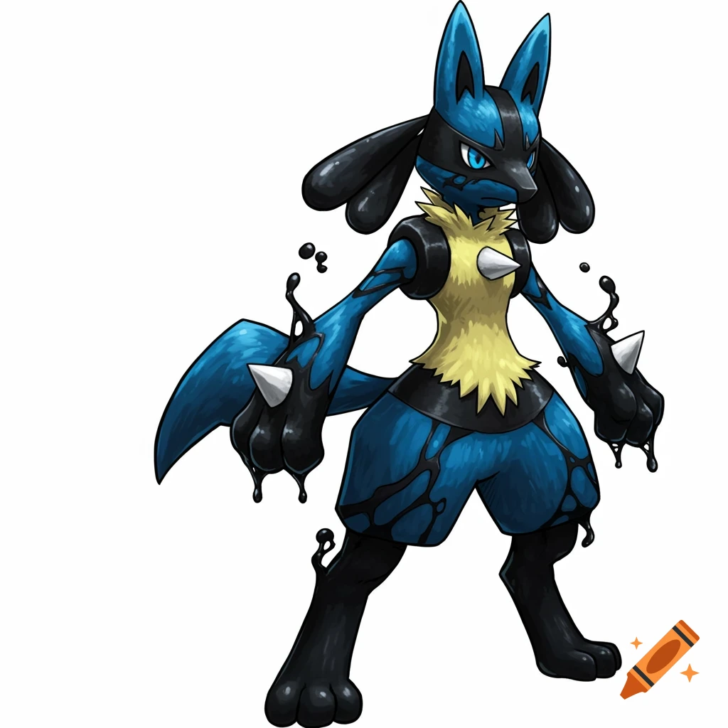 A blue and black Lucario-like creature with black, dripping symbiote features stands against a white background.