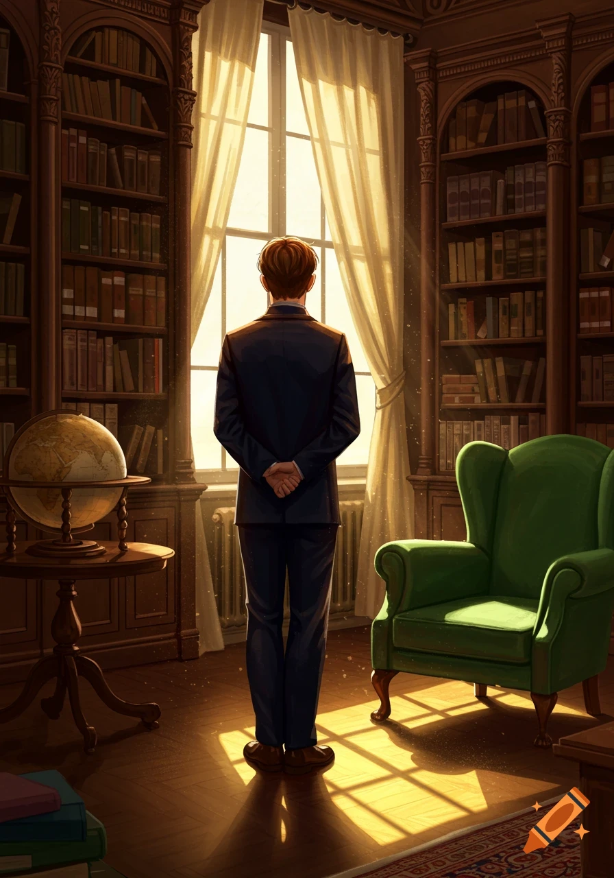 A person stands with arms behind their back, looking out a sunlit window in a grand library with bookshelves, a globe, and an armchair.
