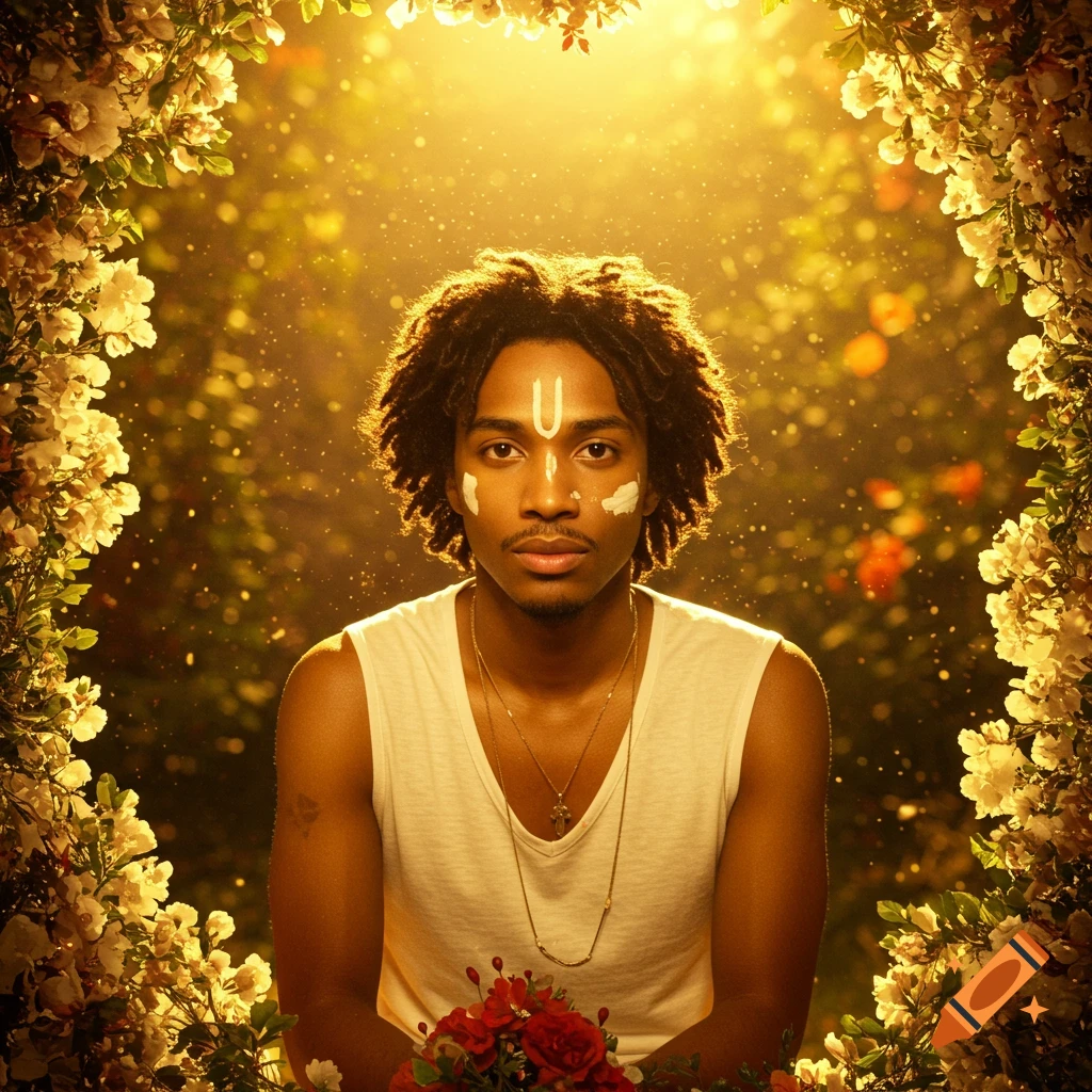 A man with dreadlocks and spiritual markings on his face sits amidst bright flowers with golden light.