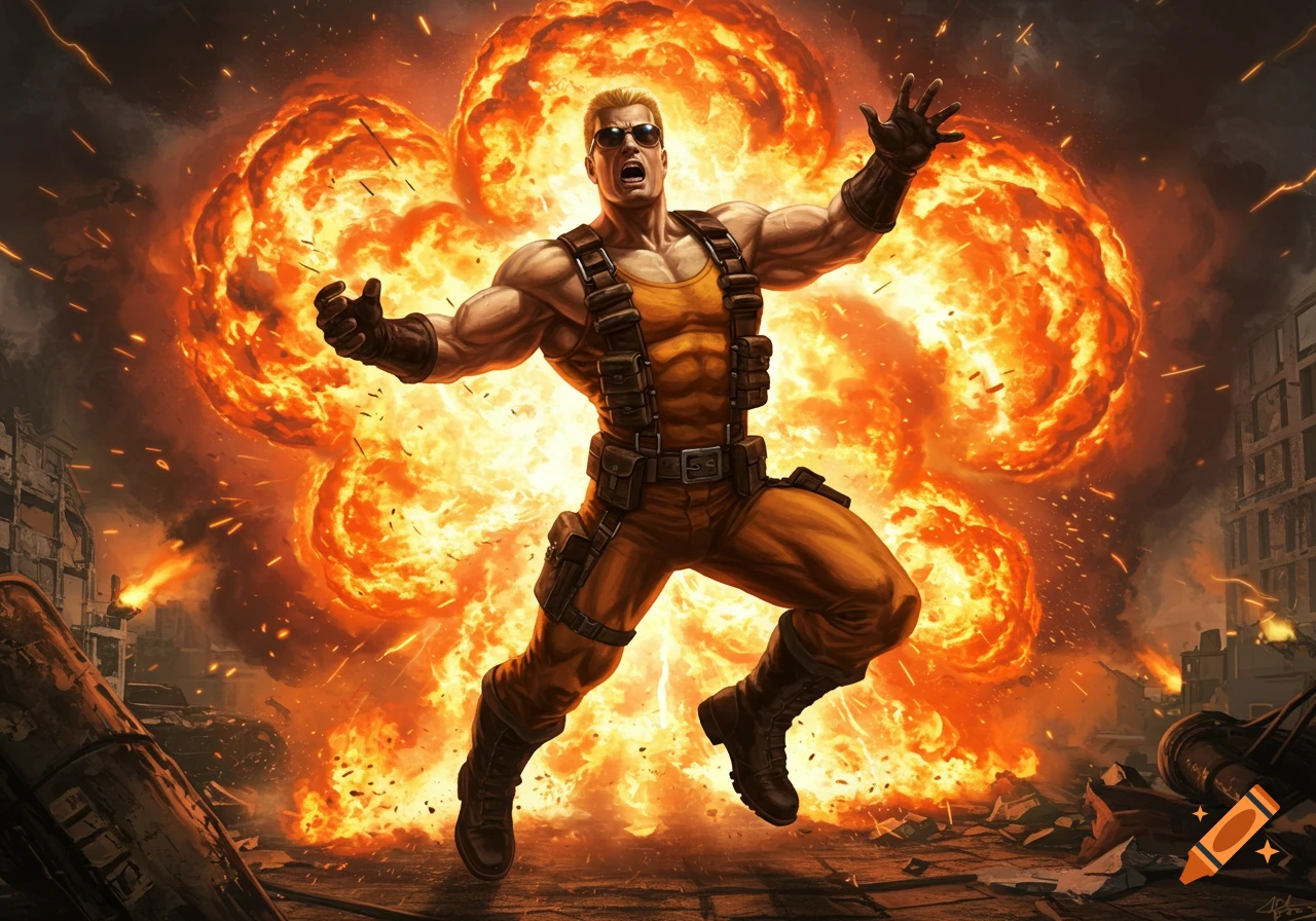 Muscular man in sunglasses and yellow tank top jumps before large explosions in a ruined city, comic art style.