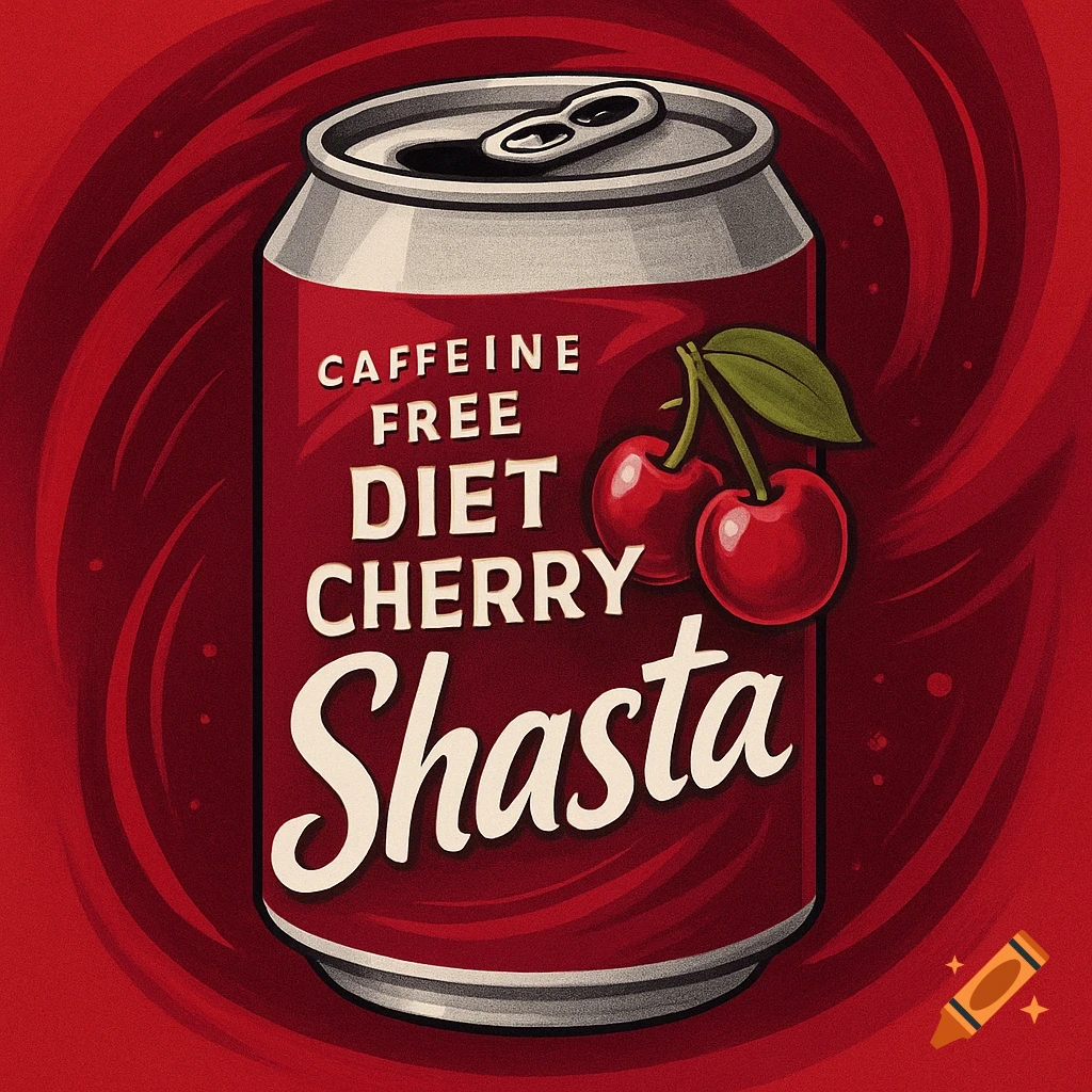 An illustration of a red soda can labeled 'Caffeine Free Diet Cherry Shasta' with two cherries and a leaf, against a swirling red background.