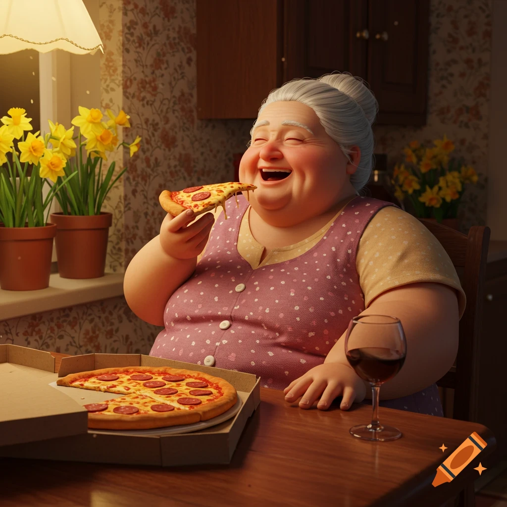 Joyful obese old woman laughing while eating pizza at a kitchen table, with a pizza box, wine, and daffodils.
