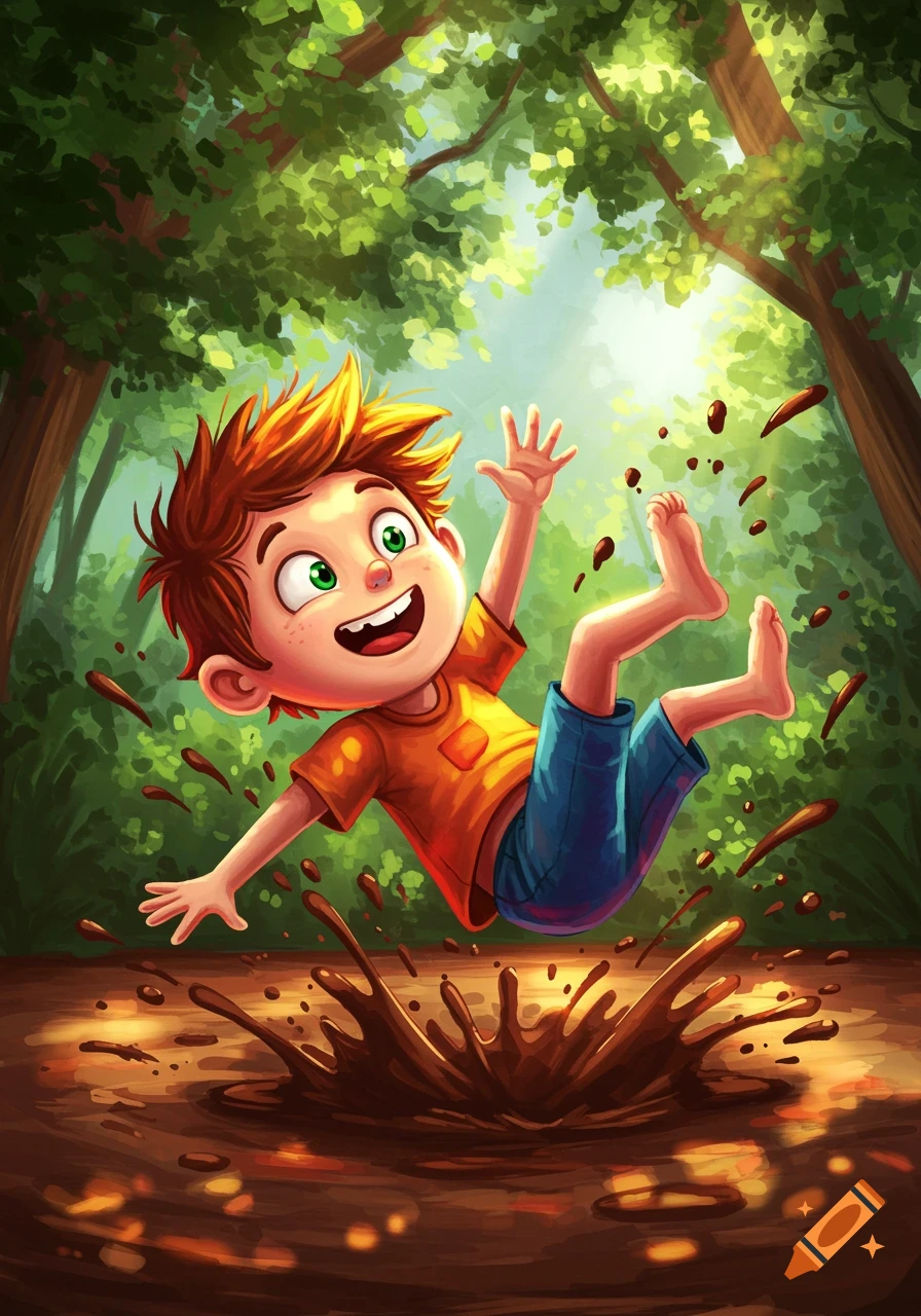A happy cartoon boy with red hair splashes into a mud puddle in a forest, mud flying around him.