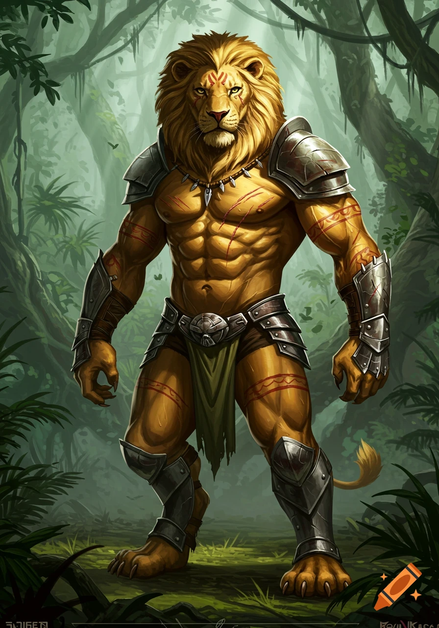Muscular armored anthropomorphic lion with a scarred body and tattoos standing in a lush jungle.