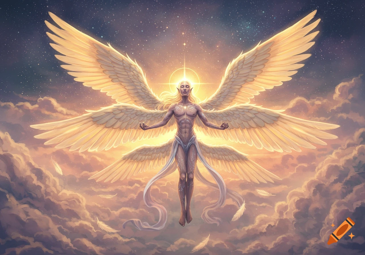 A six-winged seraphim floats in a cloudy, starry sky, bathed in golden light.