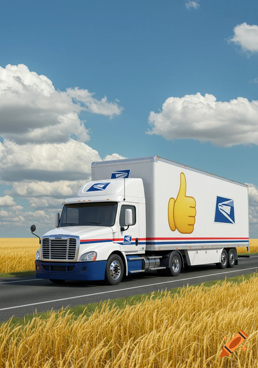 A photorealistic white and blue USPS semi-truck drives on a road through golden fields under a blue sky, with a large yellow thumbs-up emoji on its trailer.