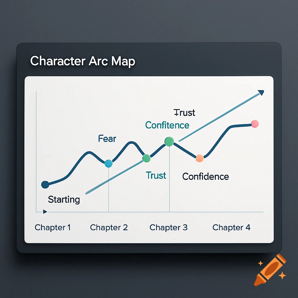 A 3D graph titled 'Character Arc Map' displaying two lines tracking emotions like Fear, Trust, and Confidence across four chapters.