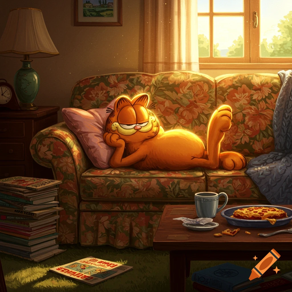 Garfield the cat lounges on a floral couch in a sunlit living room, with a plate of pizza and coffee on a table.