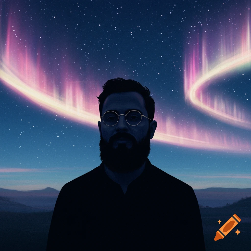 Silhouette of a bearded man with round glasses against a starry night sky with a vibrant aurora.