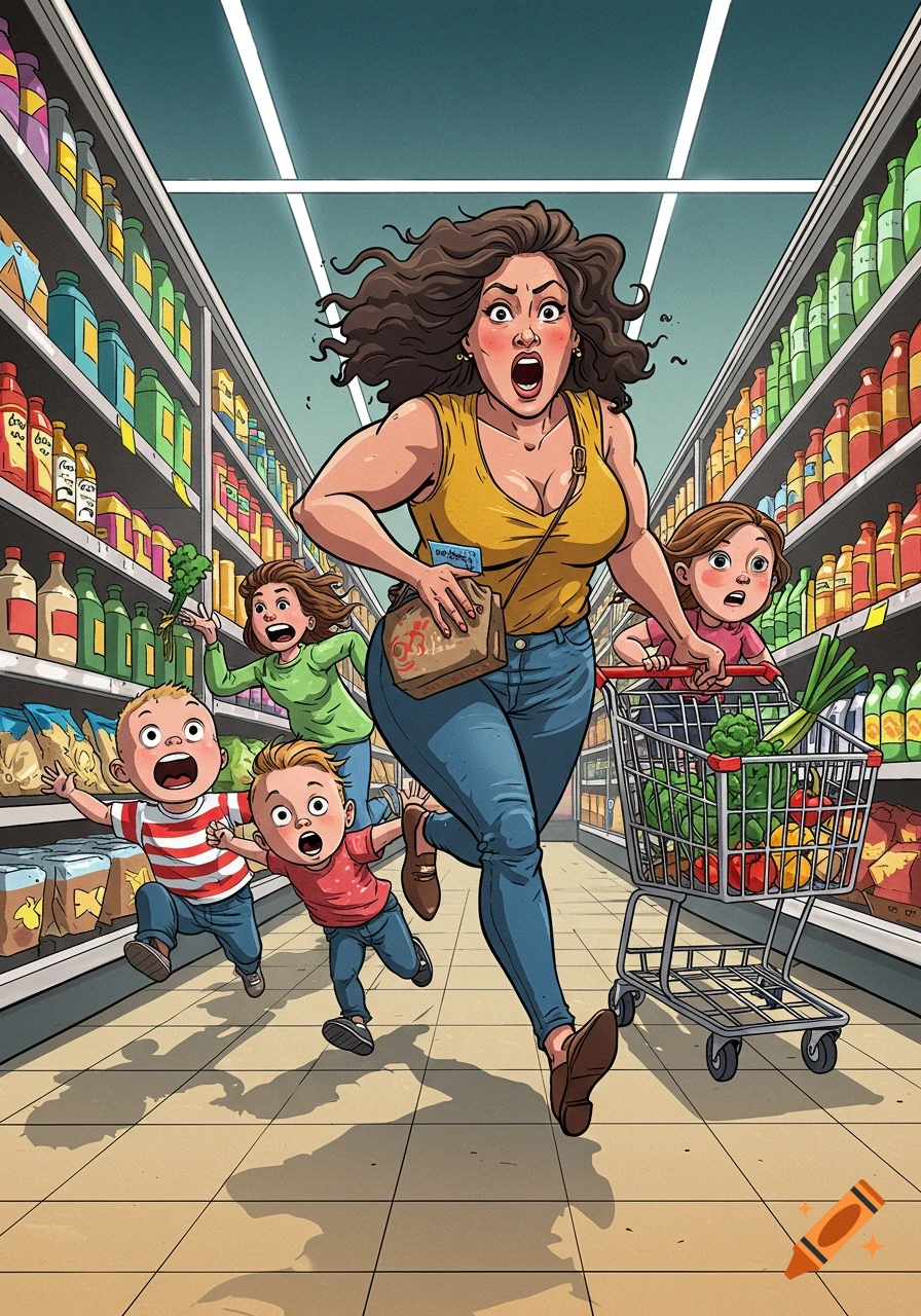 A humorous comic drawing of a large woman and three screaming children running wildly through a supermarket aisle, pushing a full shopping cart.