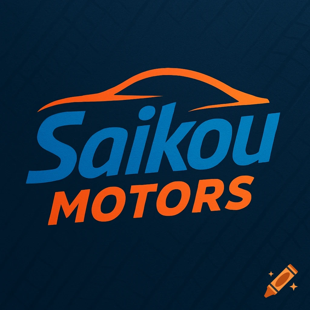 A blue and orange logo for 'Saikou Motors' with a stylized car silhouette, set on a dark blue background.
