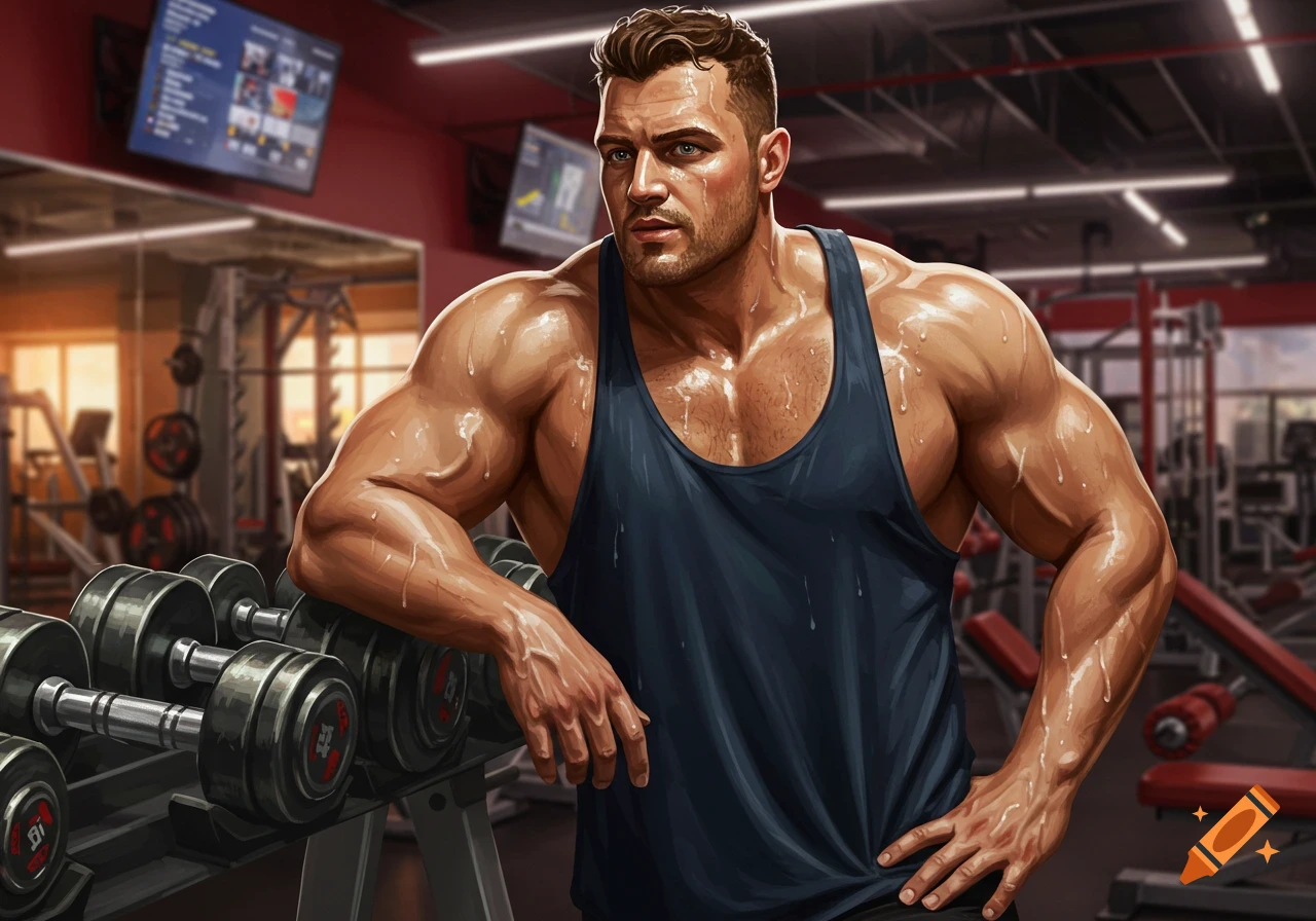 A muscular man in a blue tank top leans on a dumbbell rack in a gym, looking towards the viewer.