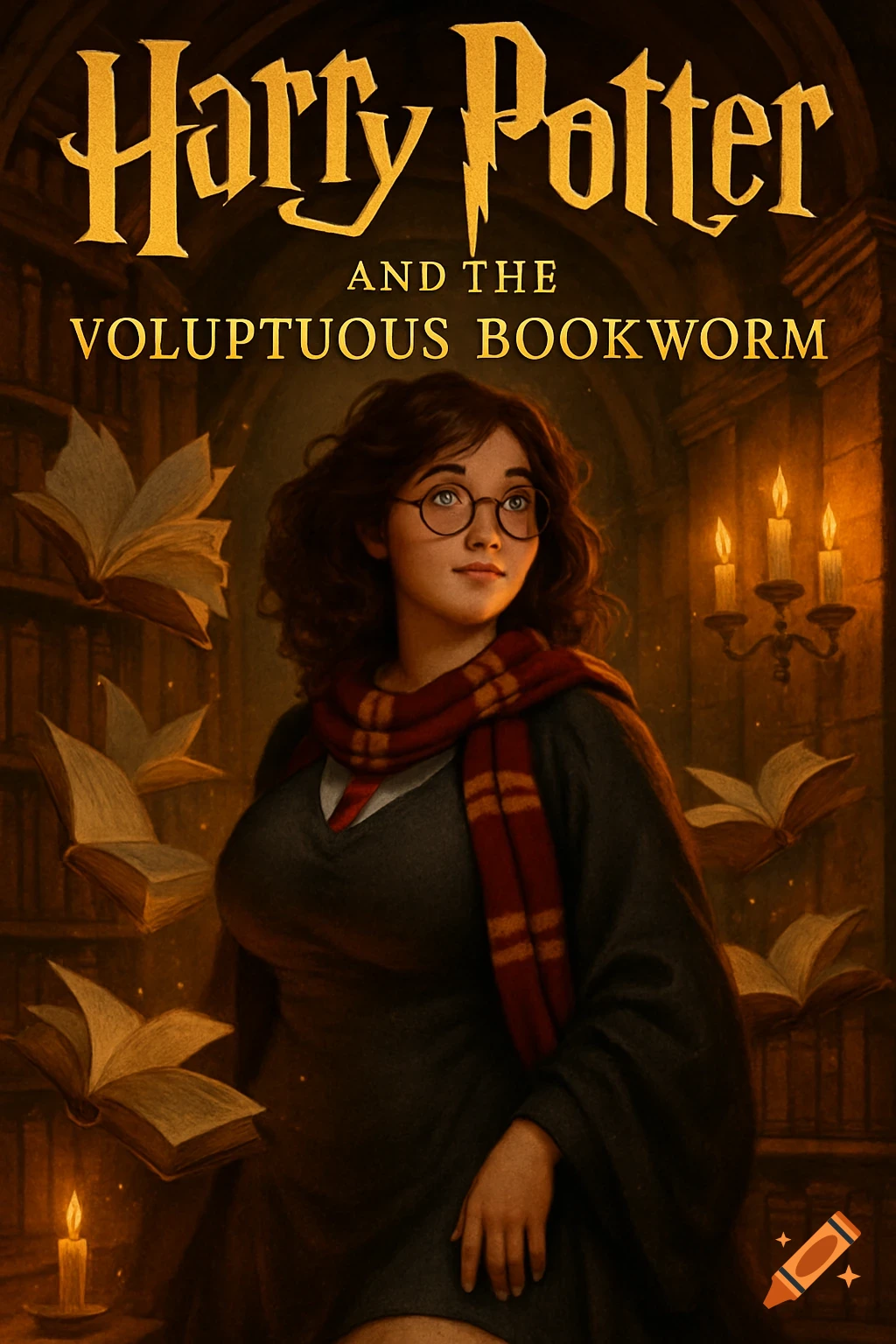 Illustration of a young woman in glasses and a Gryffindor scarf in a magical library with floating books. Title reads 'Harry Potter and the Voluptuous Bookworm'.