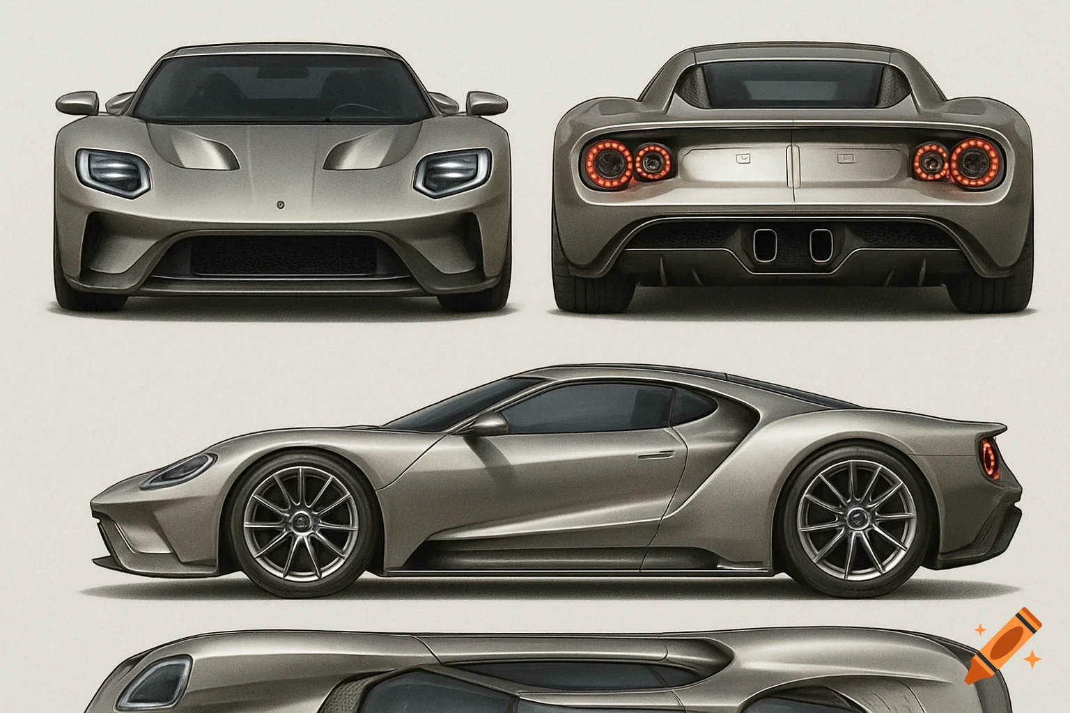 Orthographic drawings of a futuristic concept car in four views: front, back, side, and partial top view, with a metallic finish.
