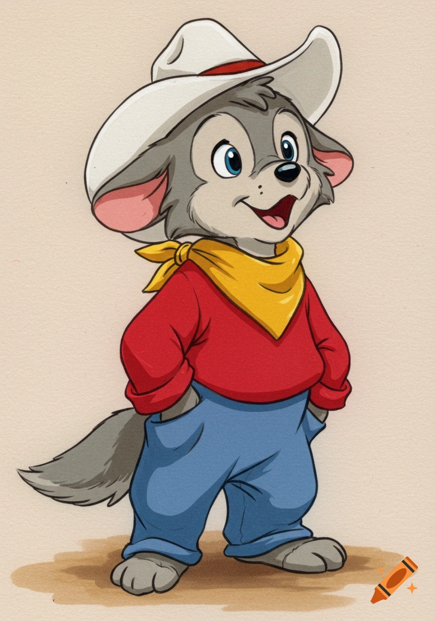An anthropomorphic gray wolf pup wearing a white cowboy hat, red shirt, blue pants, and a yellow bandana, standing with hands in pockets.
