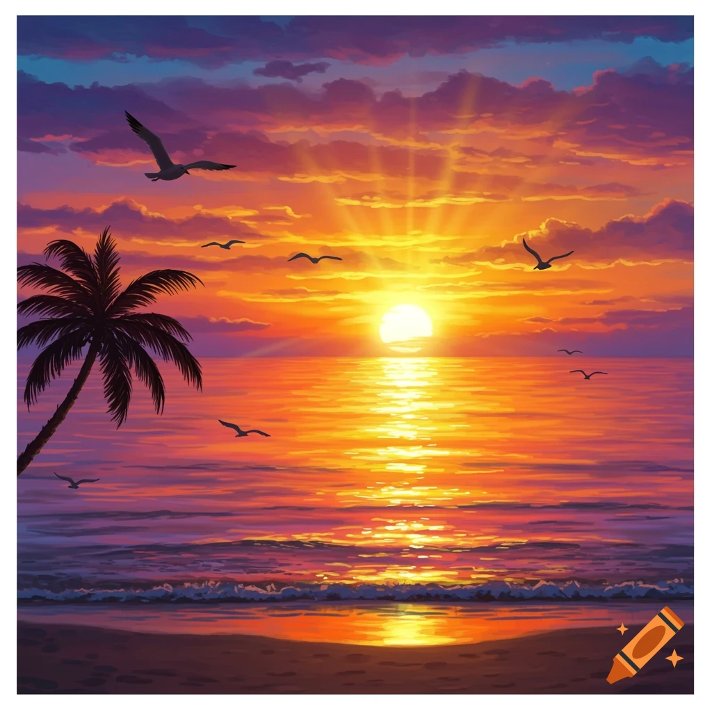 A vibrant sunset over a calm ocean with a silhouetted palm tree on the left and birds flying.