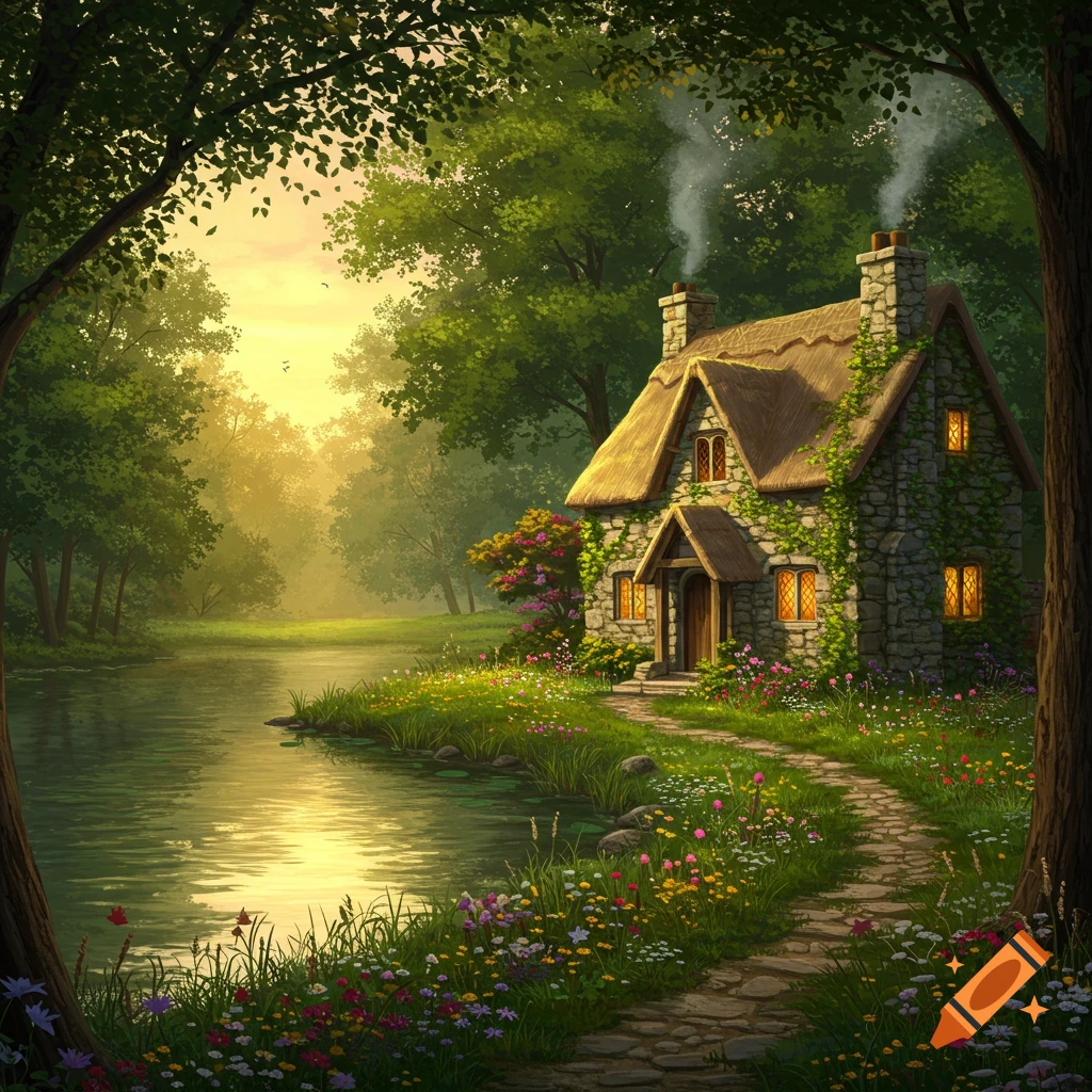 An idyllic English-style stone cottage with a thatched roof sits by a lake in a lush forest, vibrant with wildflowers under a golden sky.