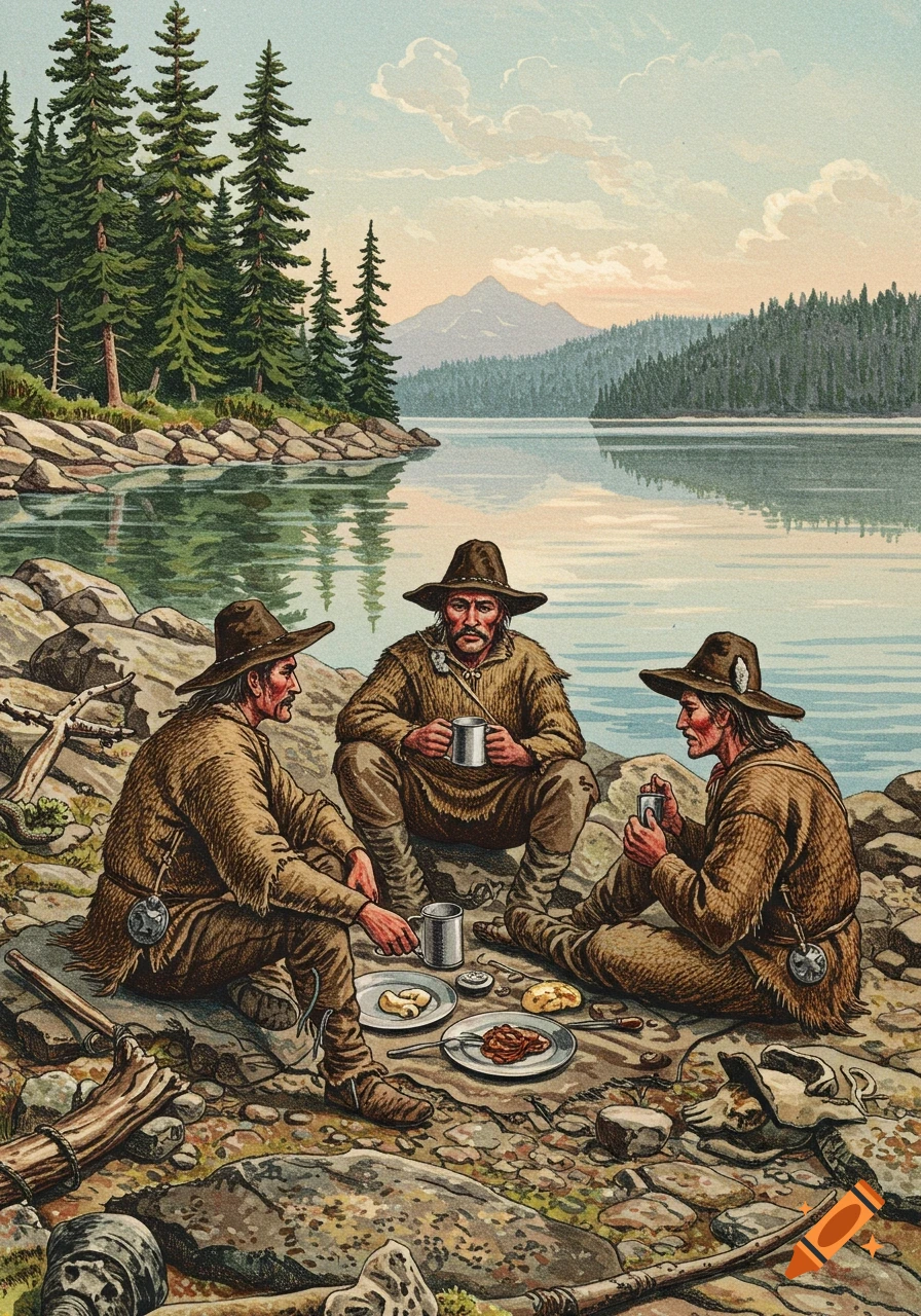 Etching painting of three fur traders eating lunch on a rocky lake shore with pine trees and mountains.