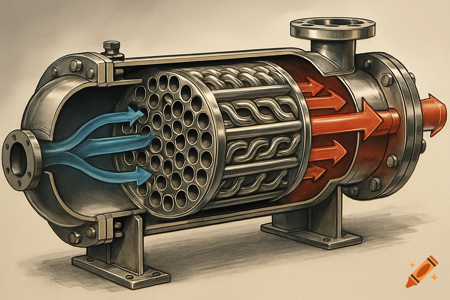 A cutaway diagram of a shell and tube heat exchanger showing blue fluid entering and red fluid flowing through inner tubes.
