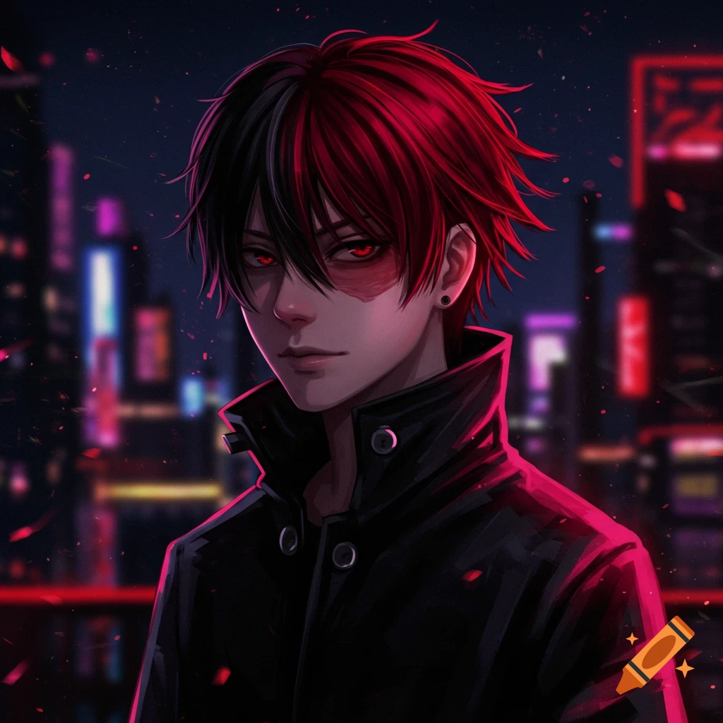 An anime boy with split black and red hair and glowing red eyes stands in a dark, neon-lit city at night.