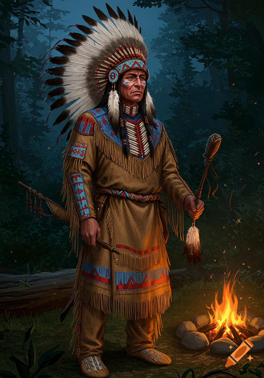 A detailed illustration of a Native American man in traditional attire and feathered headdress standing by a campfire in a forest.
