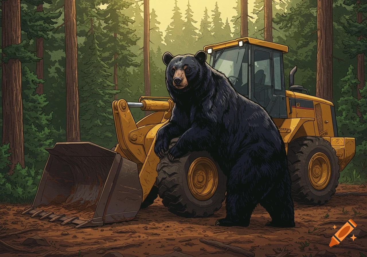An illustrated black bear stands next to a yellow front-end loader in a sunlit forest.