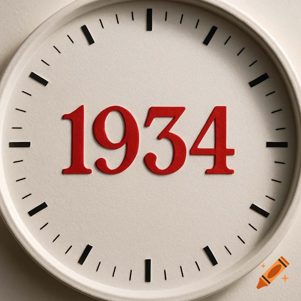 A close-up, photorealistic view of a white clock face with the red embossed numbers "1934" at its center.