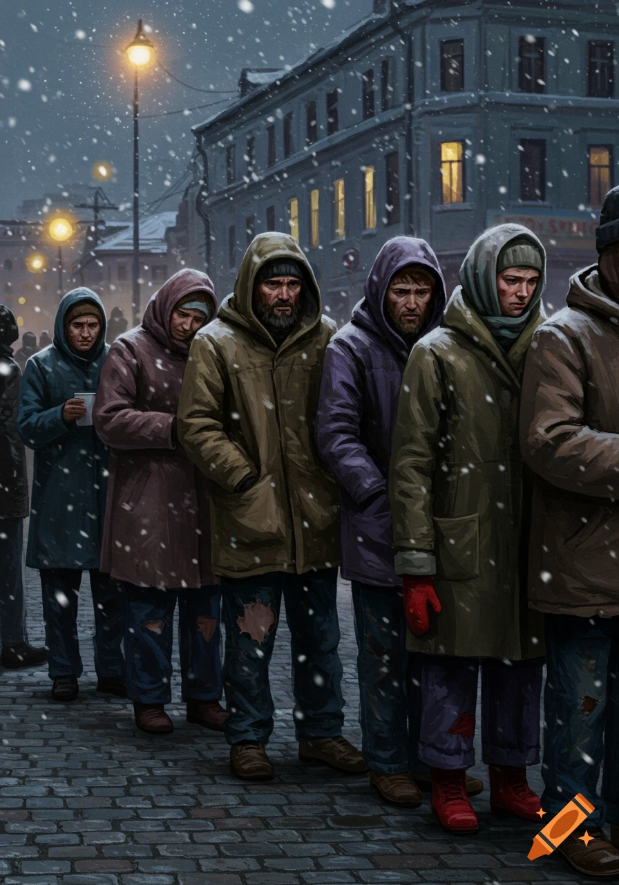 A line of people in winter coats stand bundled on a snowy street at night, waiting in a painterly style.