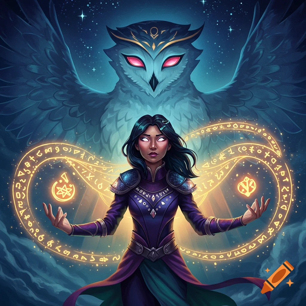A dark-haired female sorceress with glowing eyes casts a spell, surrounded by glowing symbols, with a large mystical owl with red eyes behind her.